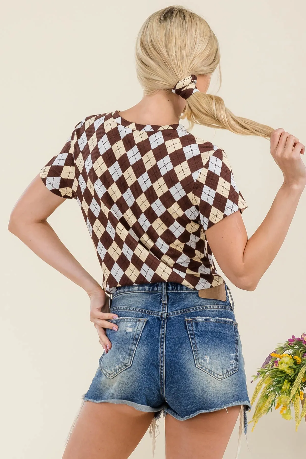 2 Pack Rib Knit Tops With Matching Hair Scrunchie - Plaid   Solid Brown