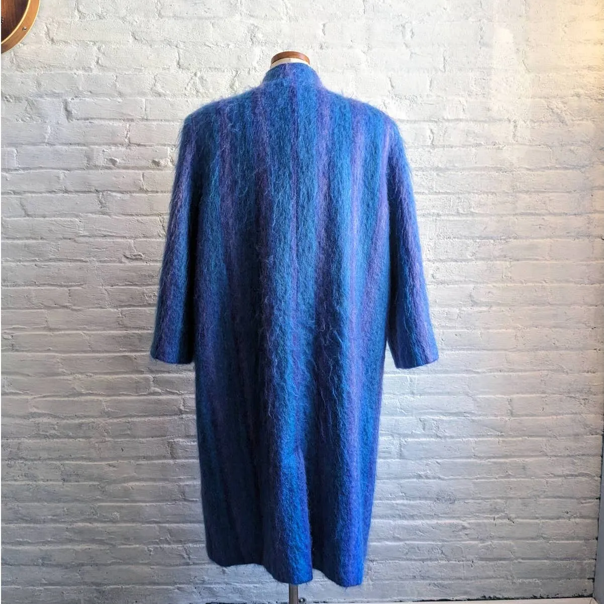 90s Vintage Blue Striped Mohair Wool Trench Coat Funky Shaggy Fuzzy Furry Jacket