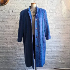 90s Vintage Blue Striped Mohair Wool Trench Coat Funky Shaggy Fuzzy Furry Jacket