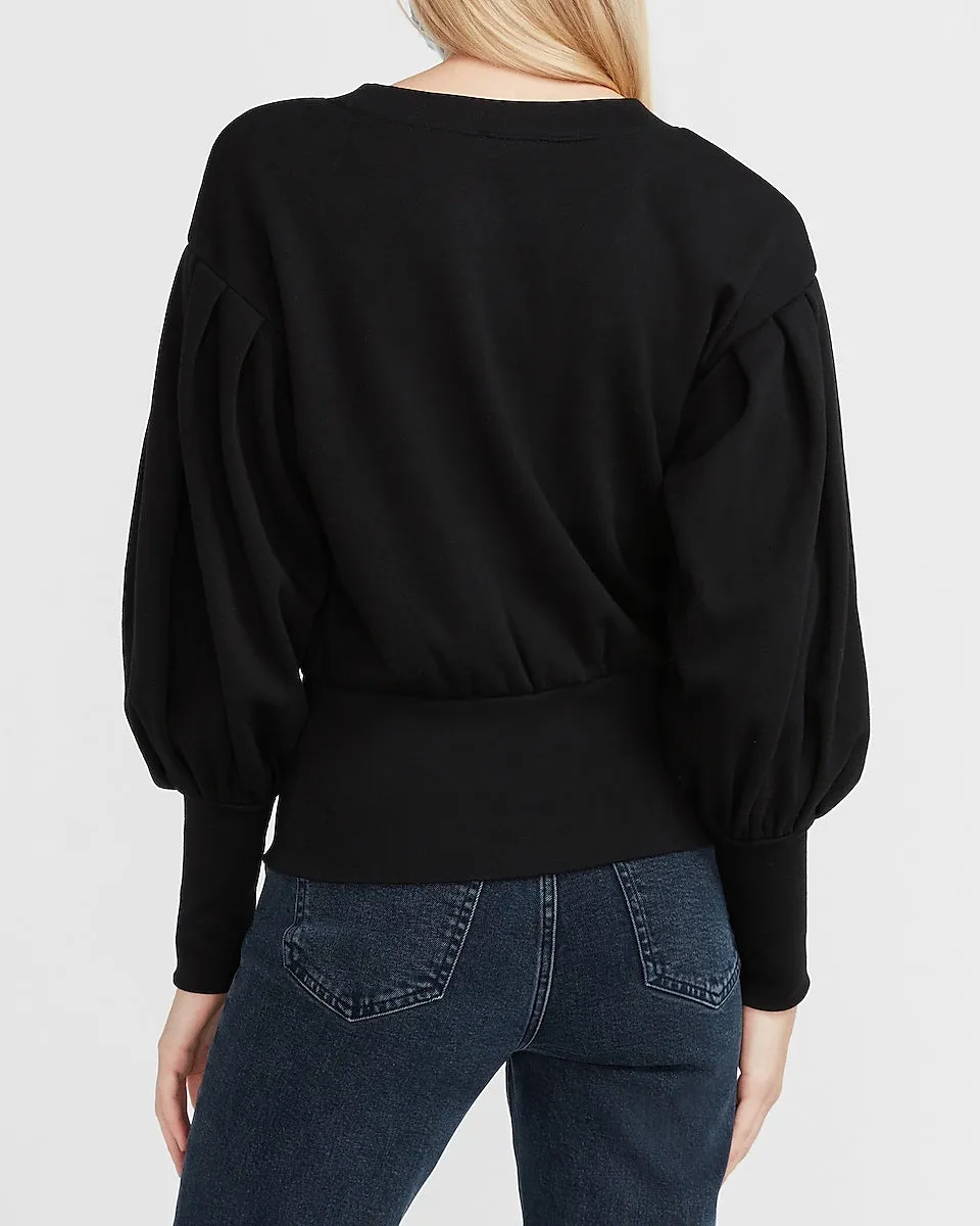 Balloon Sleeve Banded Bottom Fleece Sweatshirt in Pitch Black