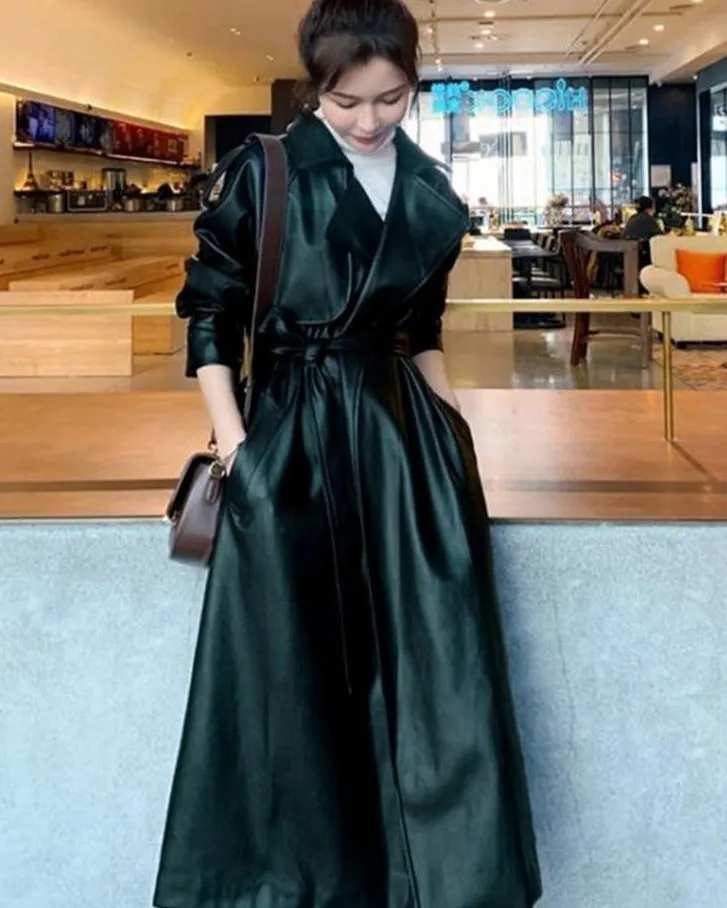 Black Leather Coat | Long Trench Coat | Long Black Raincoat | Korean Style Women Coat | Long Leather Coat | Vintage Coat | Black Trench Coat