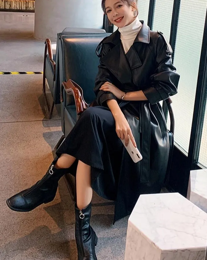 Black Leather Coat | Long Trench Coat | Long Black Raincoat | Korean Style Women Coat | Long Leather Coat | Vintage Coat | Black Trench Coat