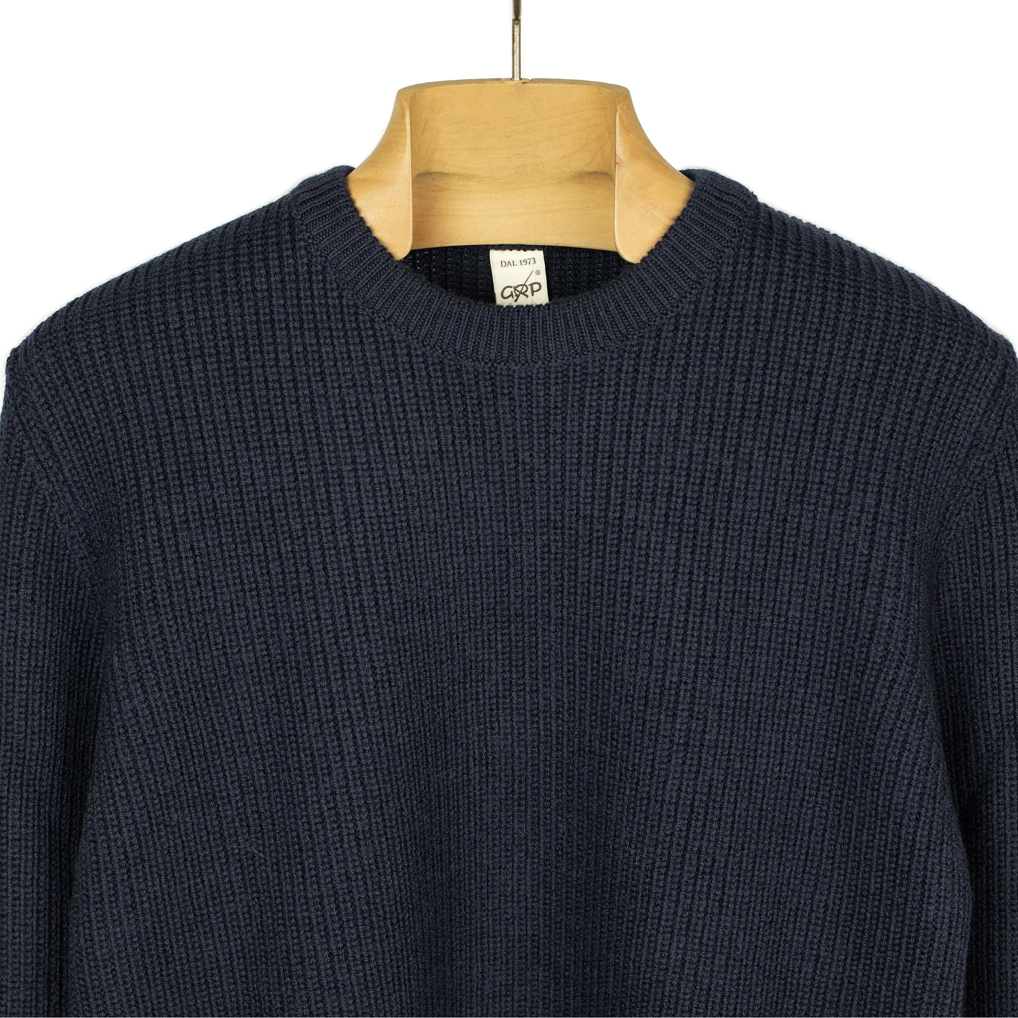 Chunky ribbed crewneck sweater in navy merino wool (restock)