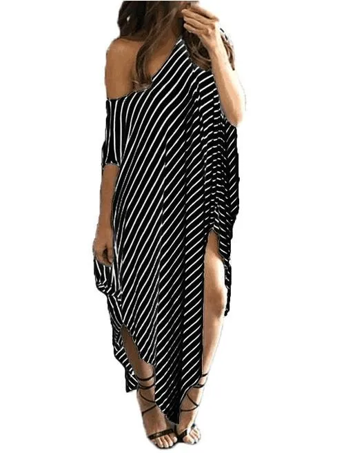 Clearance Loose One Shoulder Bat-wing Sleeve Stripe Irregular Plus Size Dress