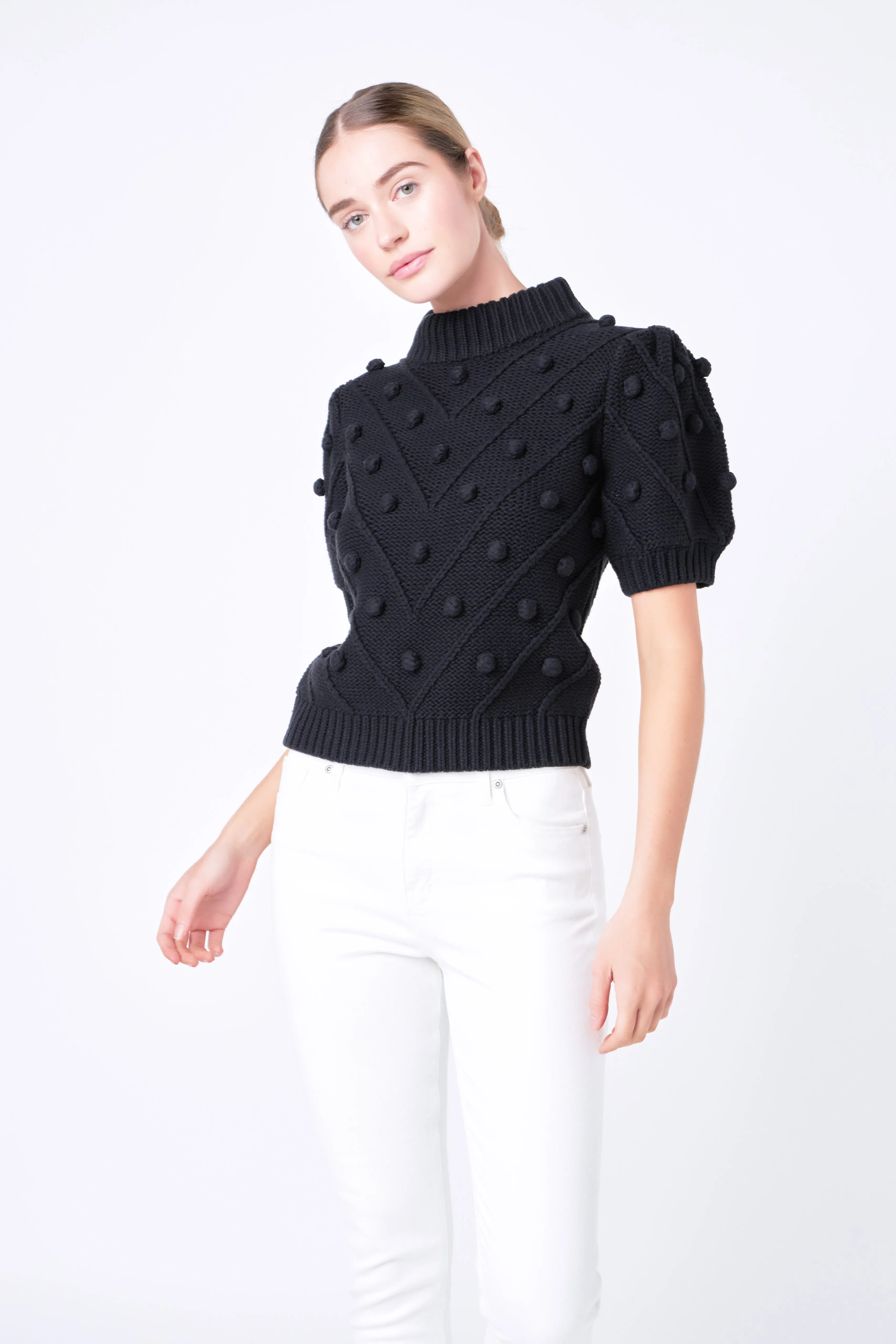 English Factory - Pom Pom Puff Sleeve Sweater