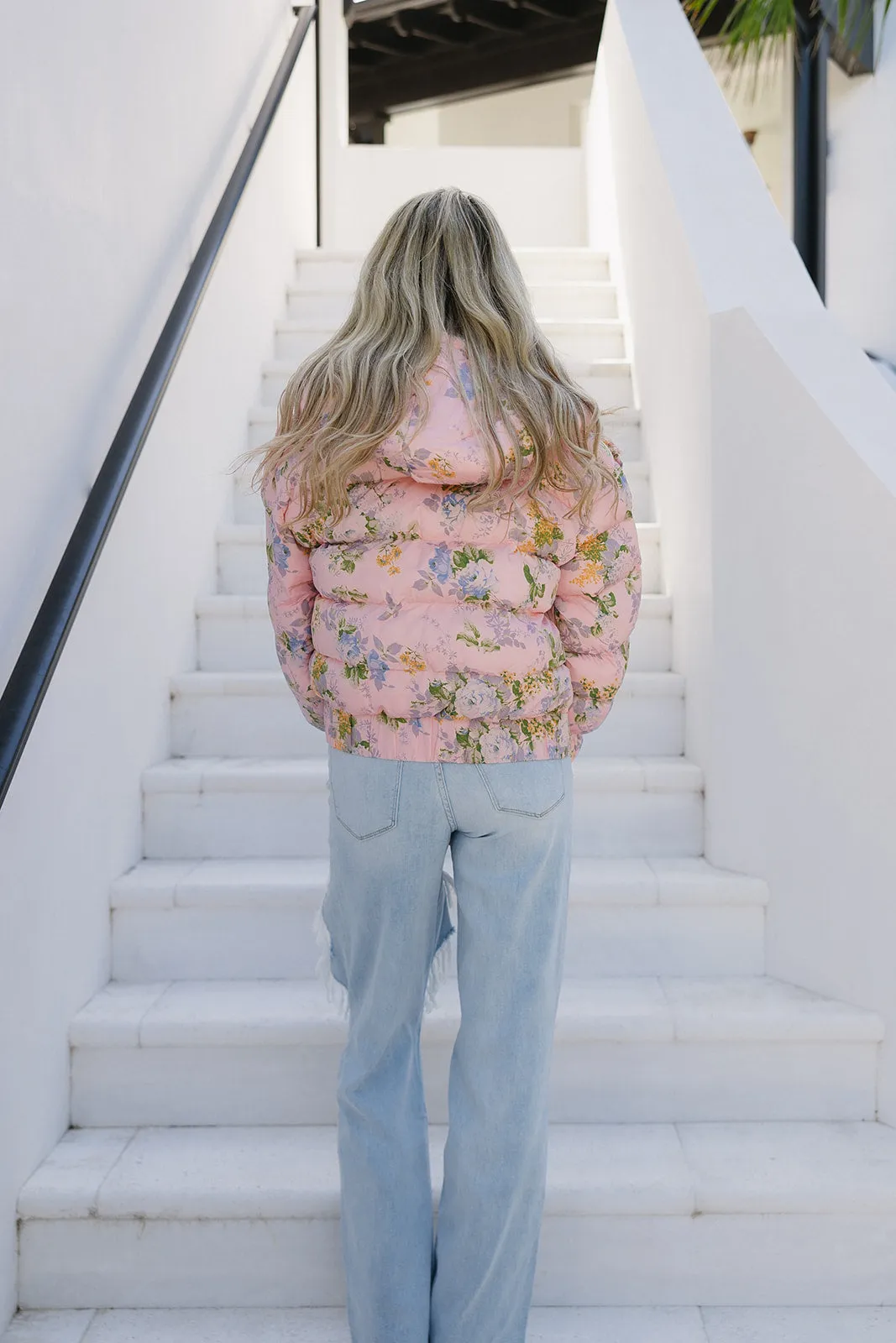 Fancy Florals Puffer Jacket - Pink