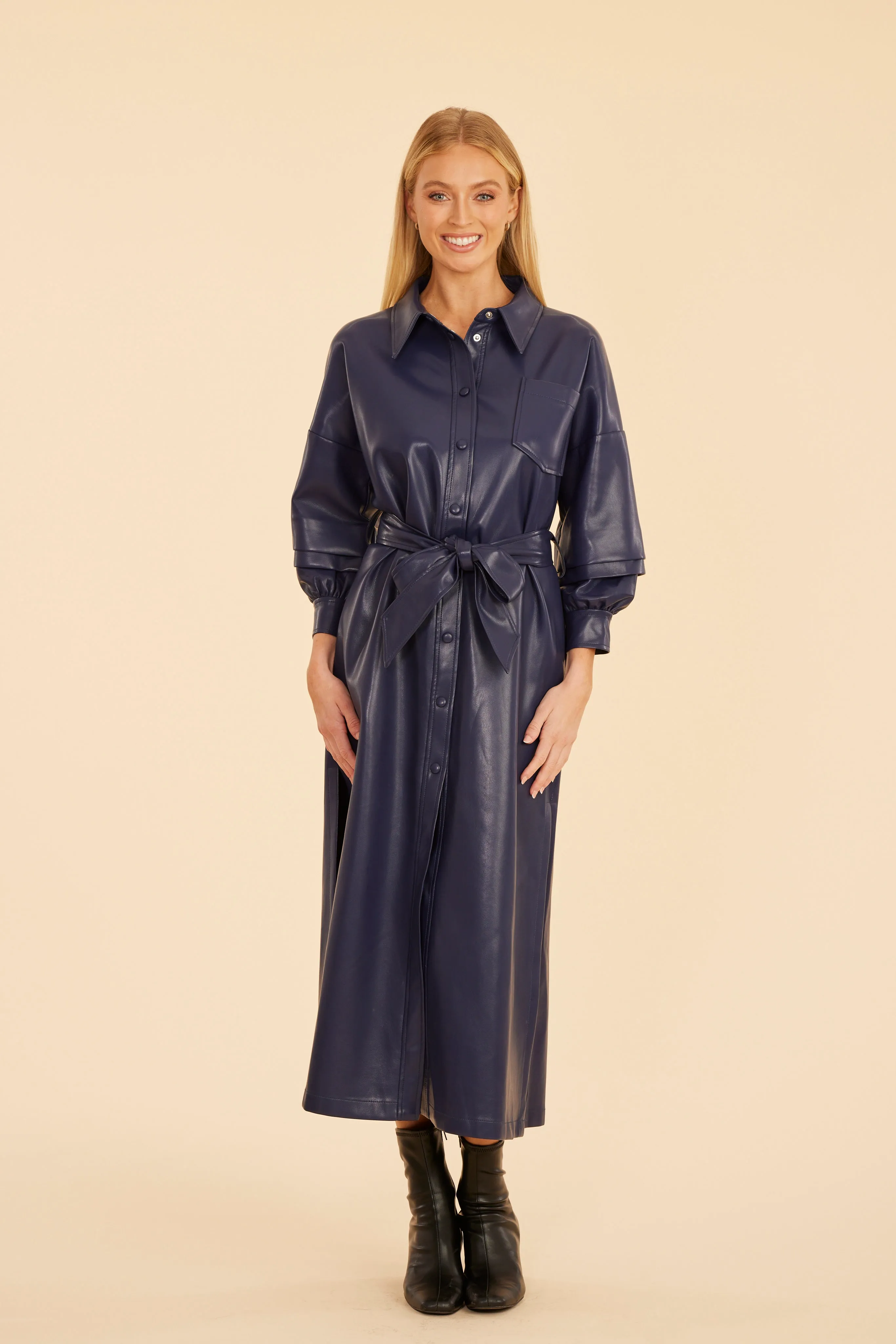 Faux Leather Belted Maxi Dress