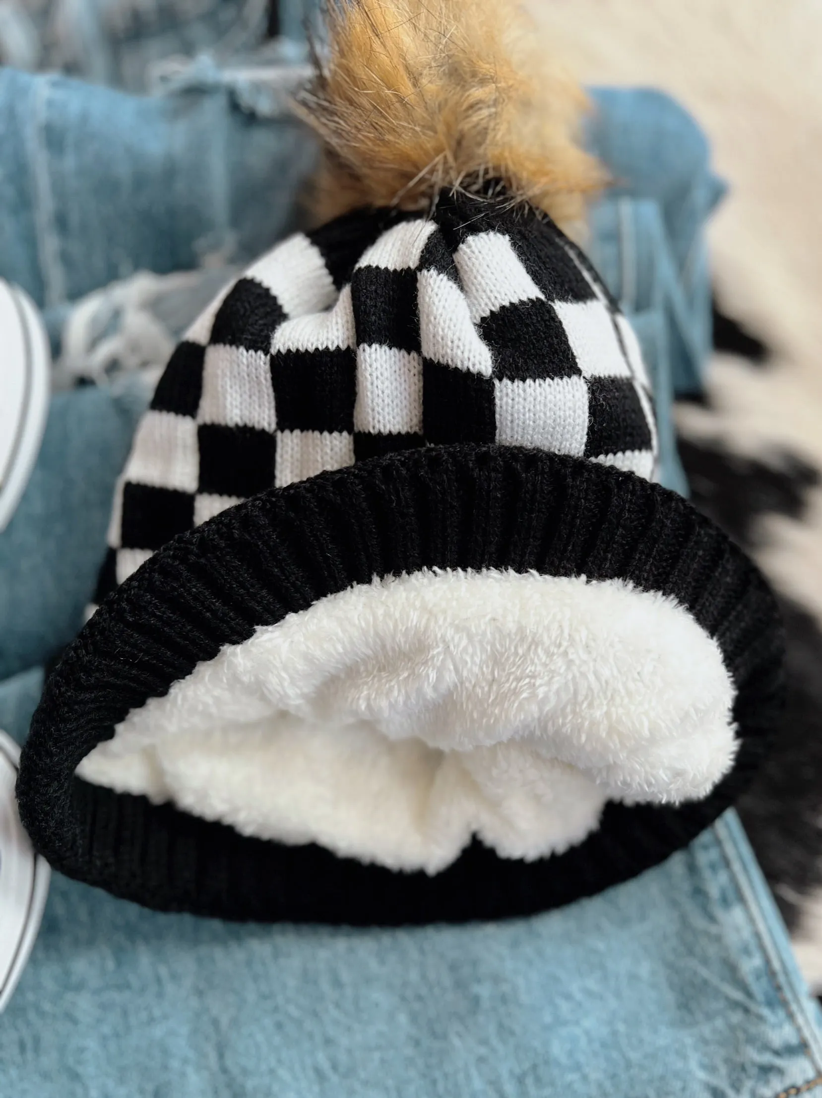 Fleece Lined Black & White Checkered Beanie