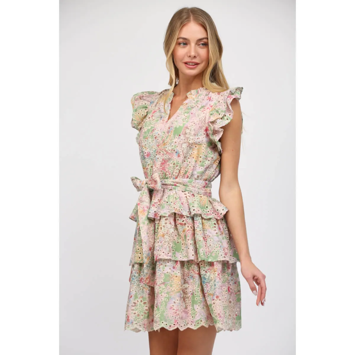 Floral Printed Eyelet Lace Tiered Dress