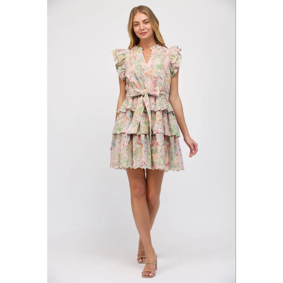 Floral Printed Eyelet Lace Tiered Dress