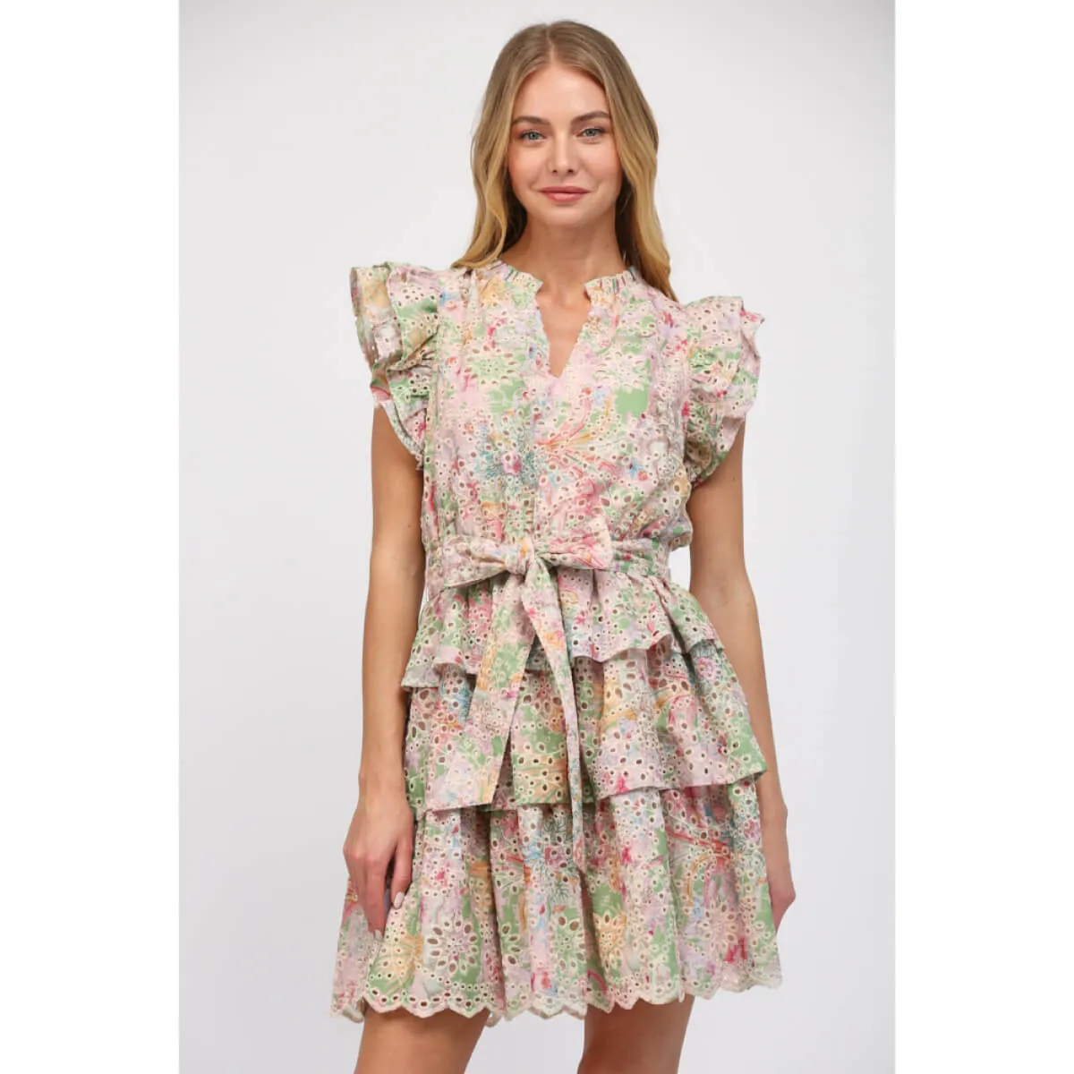 Floral Printed Eyelet Lace Tiered Dress