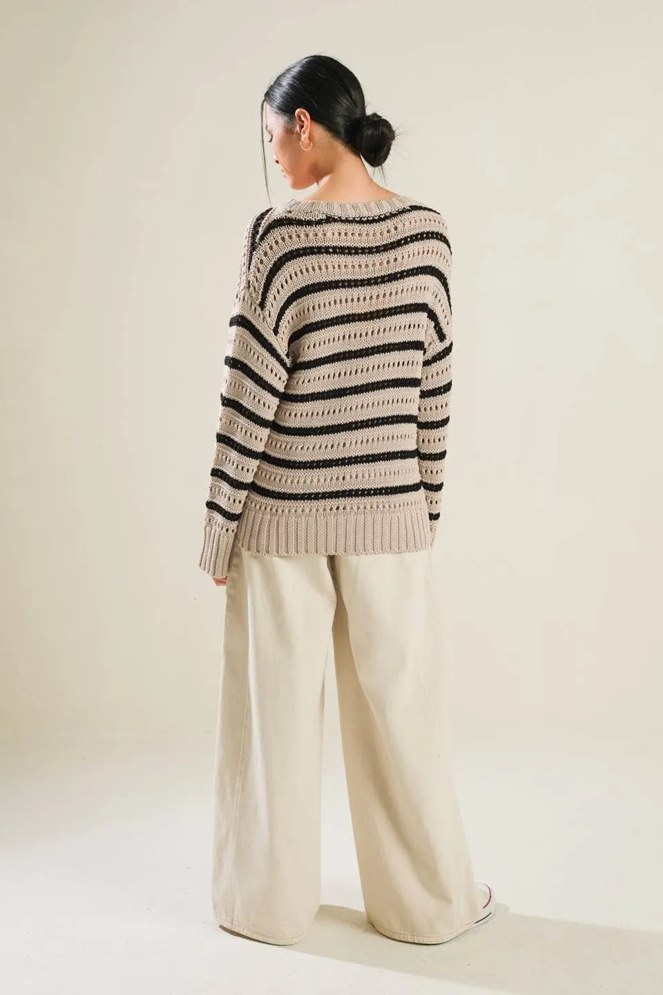 Flying Tomato Open Knit Striped Sweater