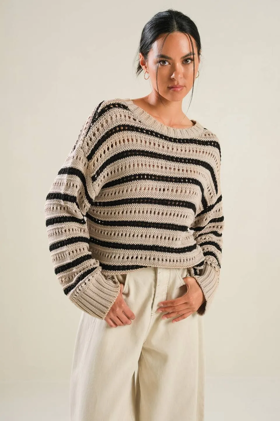 Flying Tomato Open Knit Striped Sweater