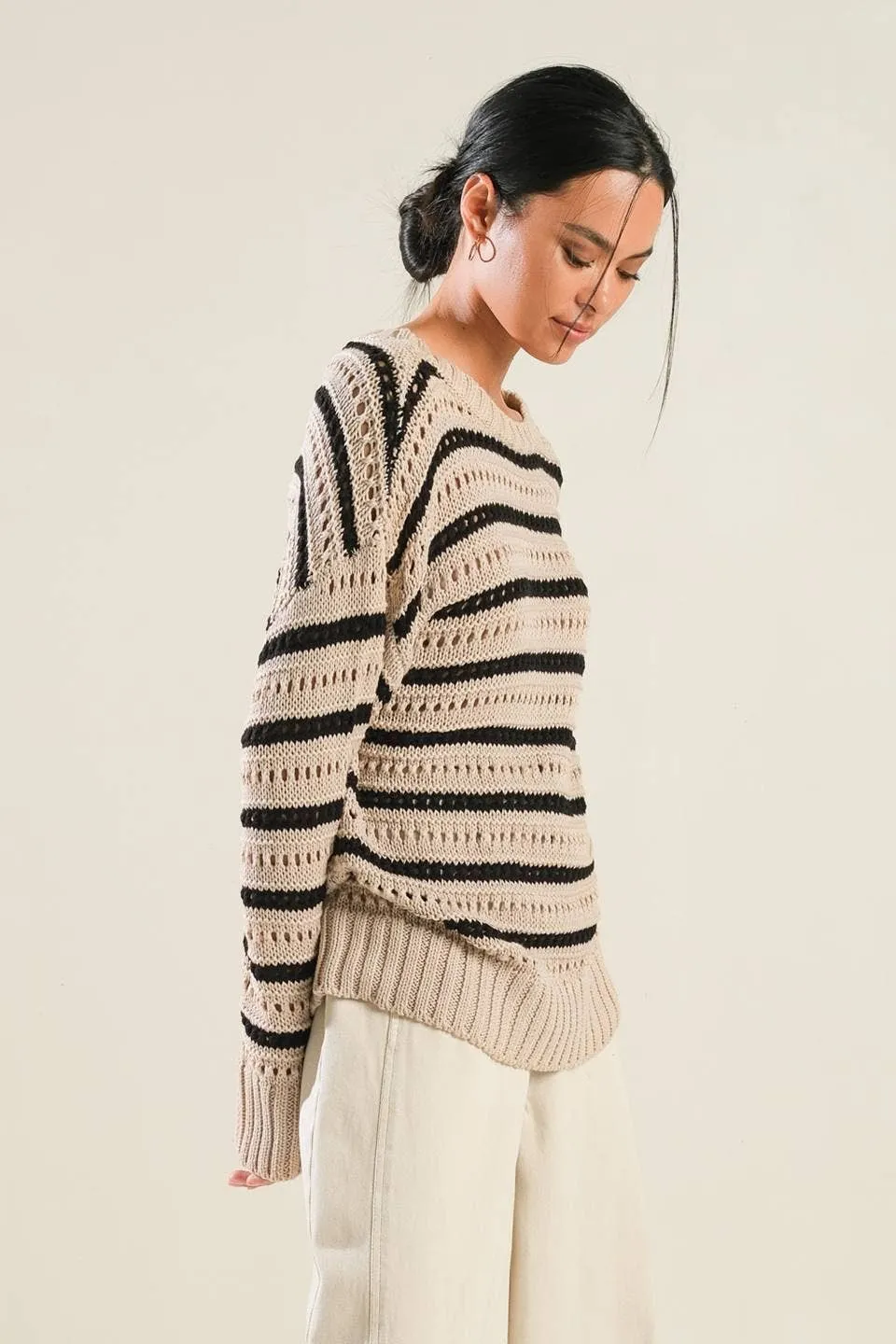 Flying Tomato Open Knit Striped Sweater