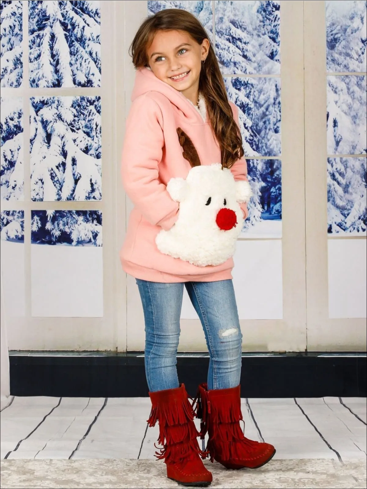 Girls Pink Warm And Cozy Fleece Lined Reindeer Hoodie