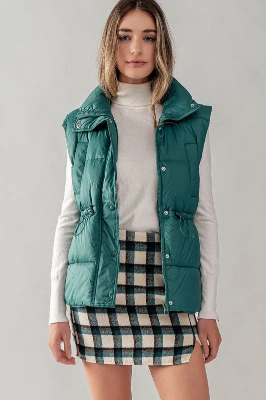 Green High Neck Toggle Waist Puffer Vest