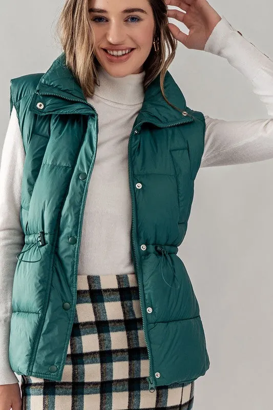 Green High Neck Toggle Waist Puffer Vest