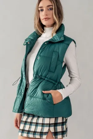 Green High Neck Toggle Waist Puffer Vest