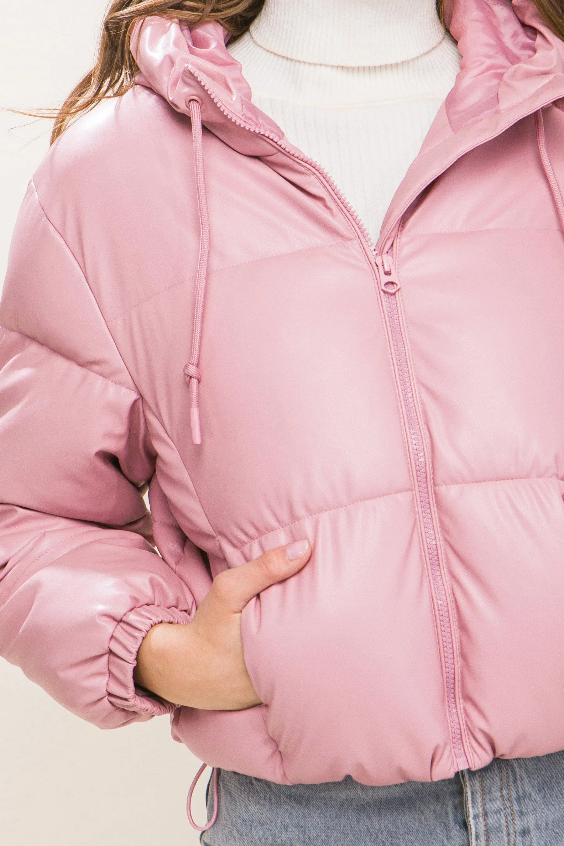 Hot Girl Faux Leather Zipper Hooded Puffer Jacket In Pink