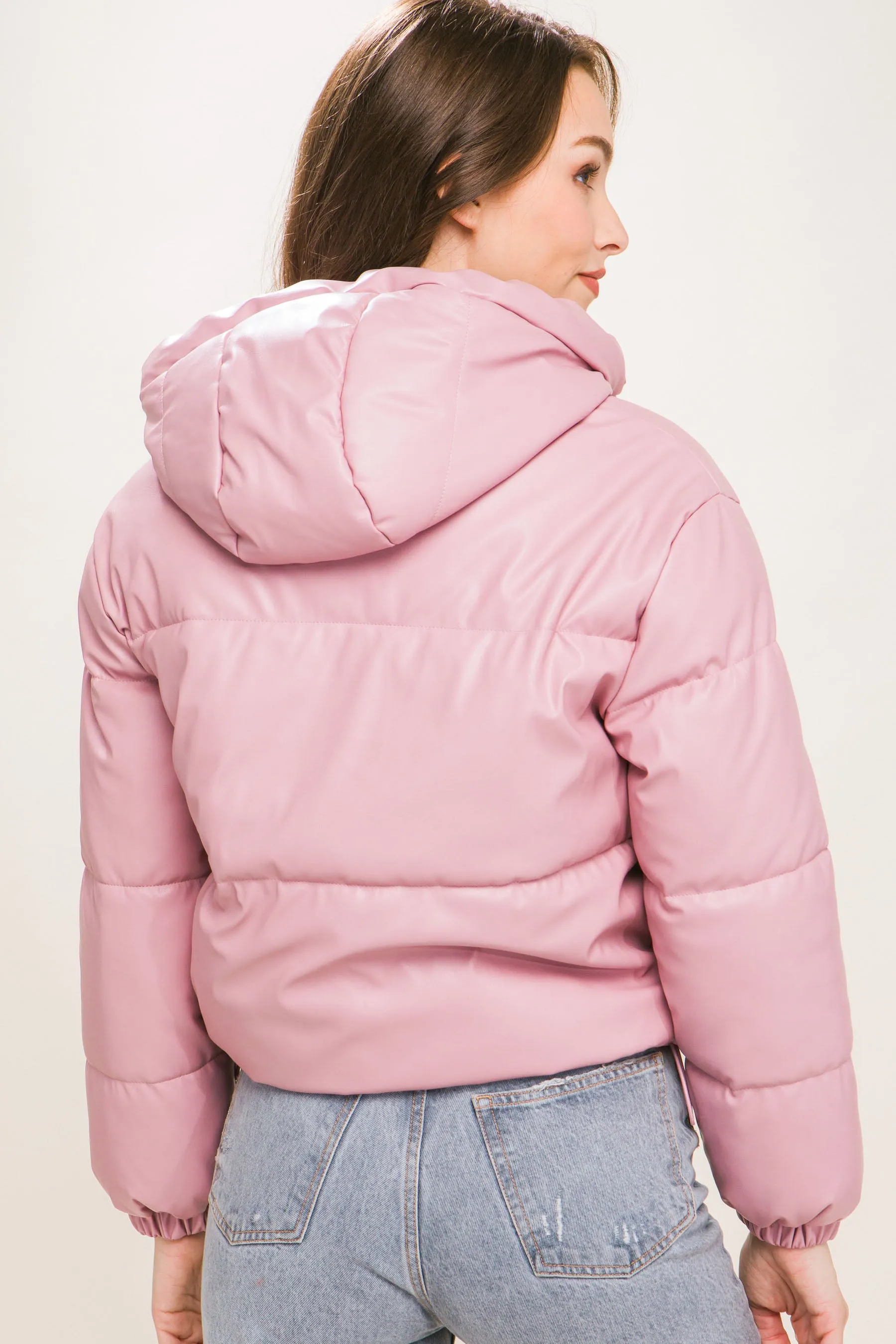 Hot Girl Faux Leather Zipper Hooded Puffer Jacket In Pink