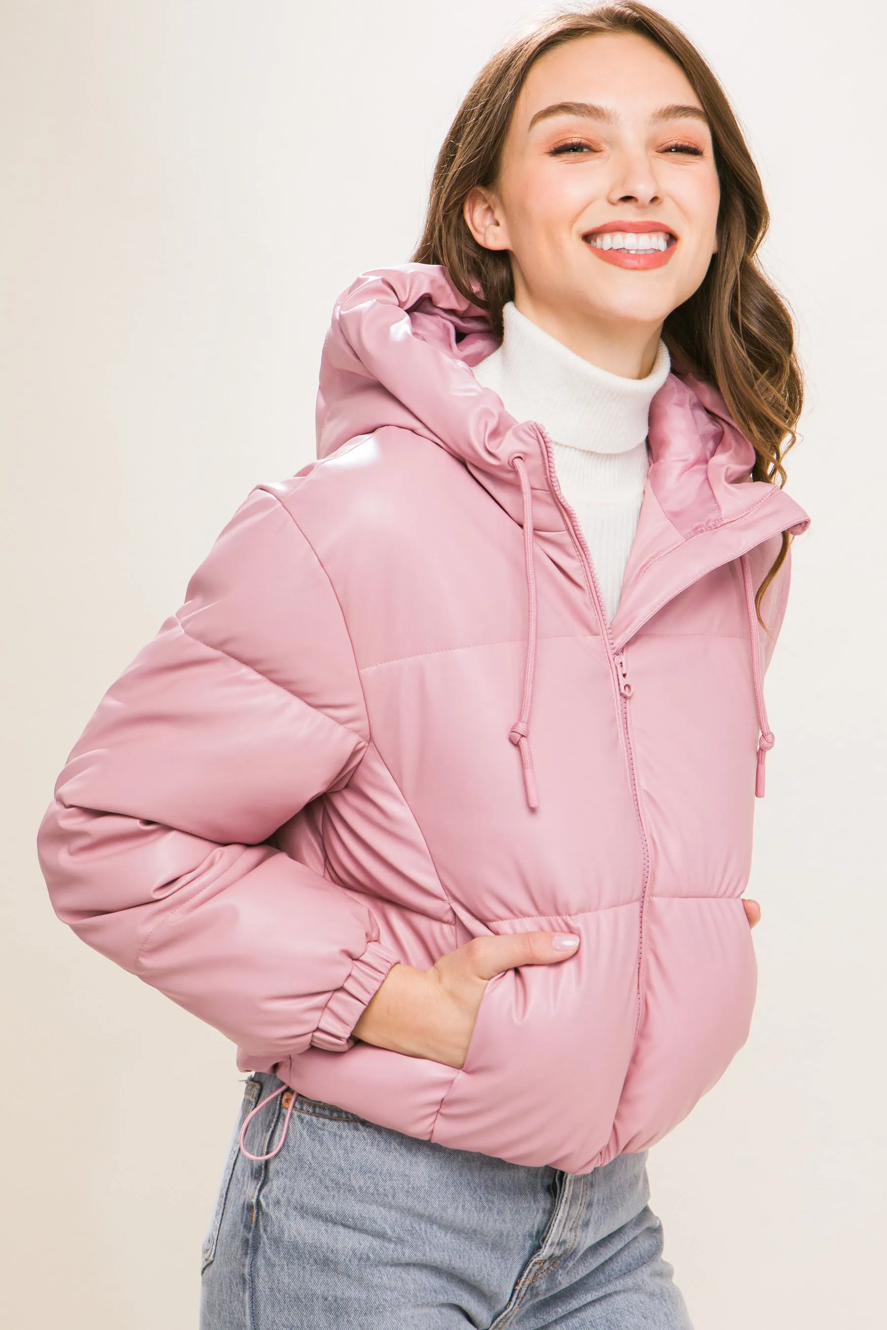 Hot Girl Faux Leather Zipper Hooded Puffer Jacket In Pink