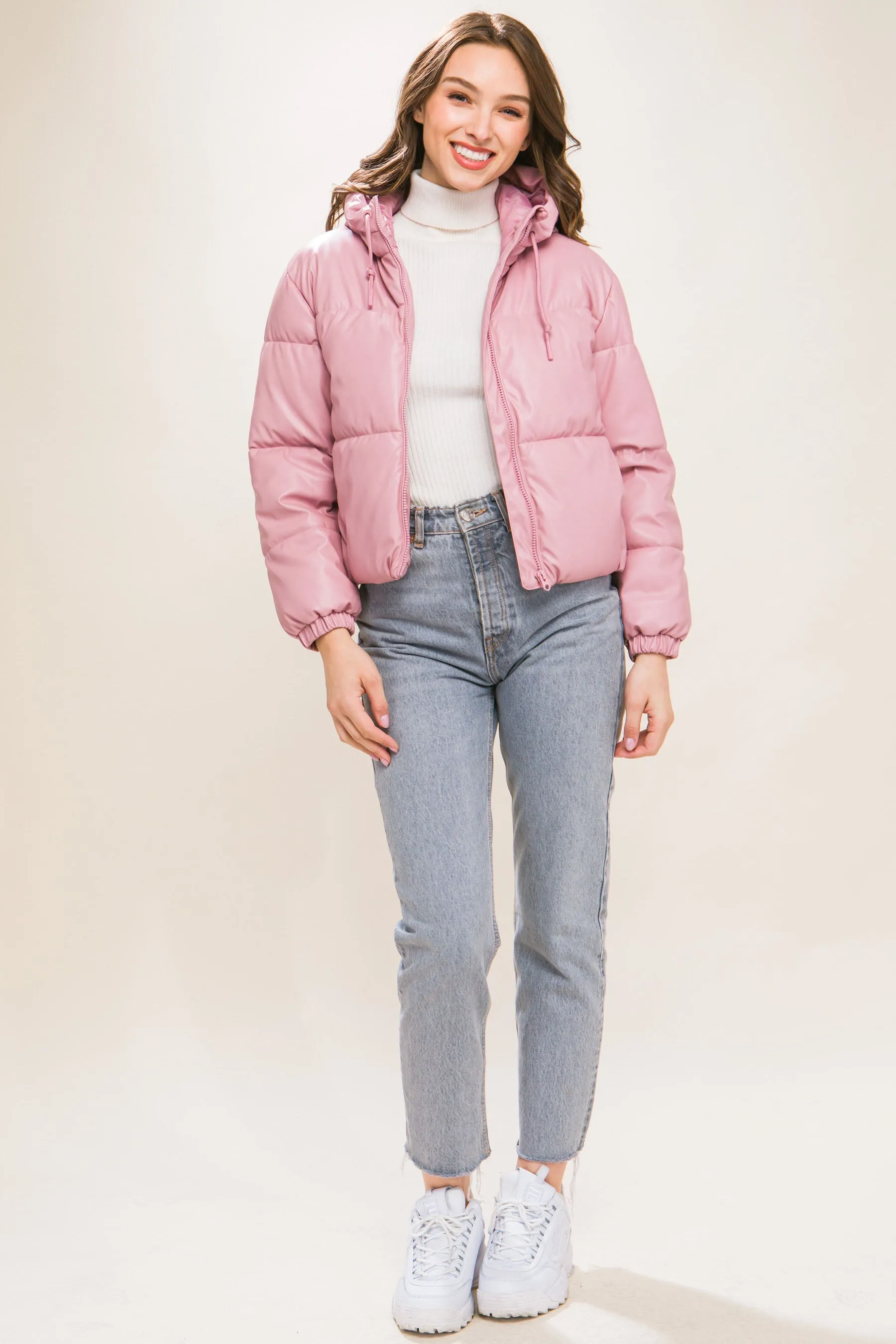 Hot Girl Faux Leather Zipper Hooded Puffer Jacket In Pink