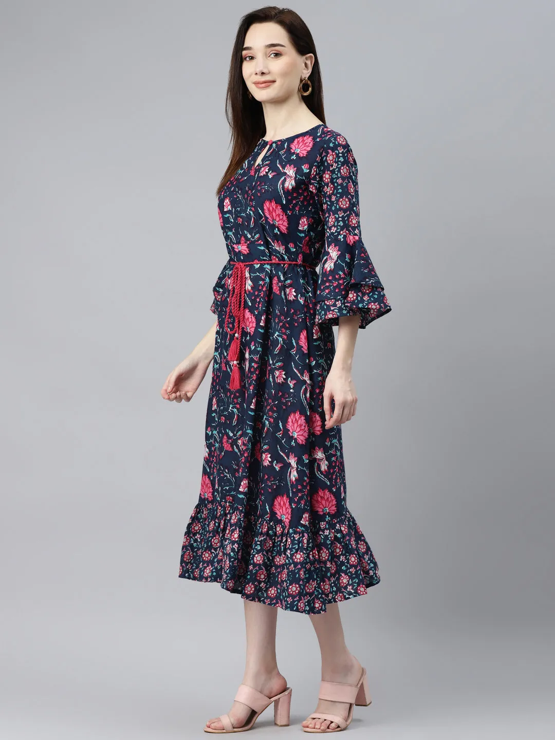 Indibelle Cotton Floral Print A-Line Dress (Navy Blue)