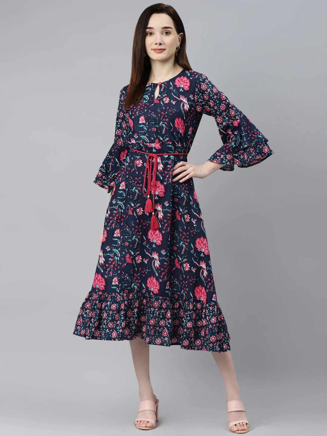 Indibelle Cotton Floral Print A-Line Dress (Navy Blue)