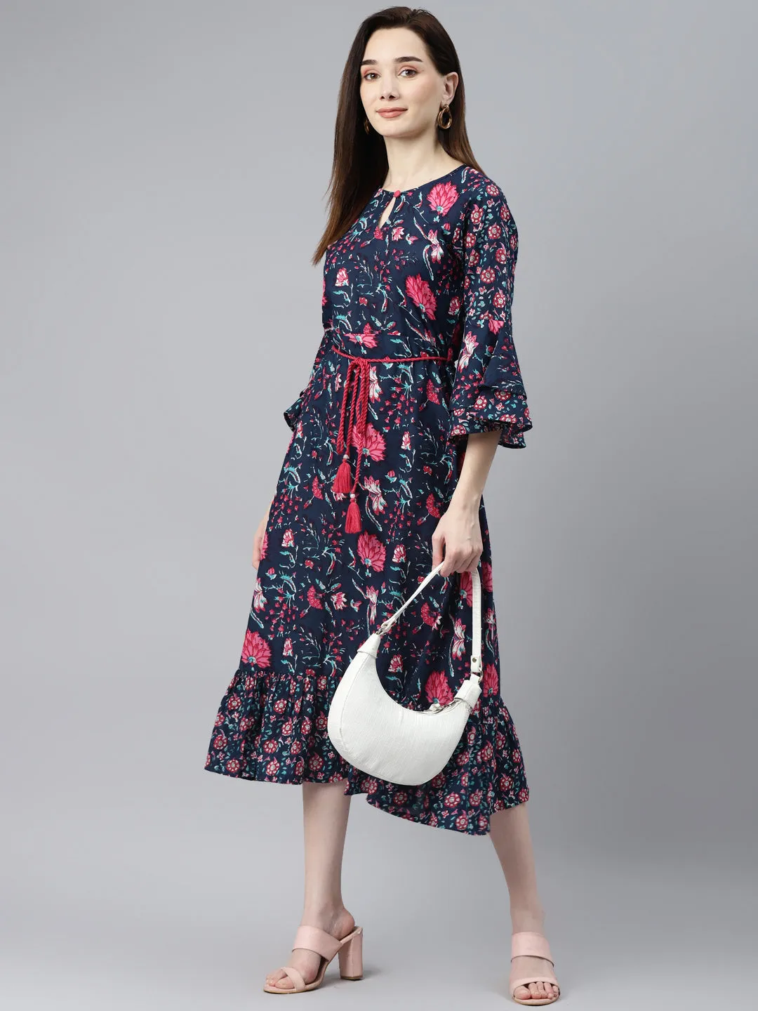 Indibelle Cotton Floral Print A-Line Dress (Navy Blue)