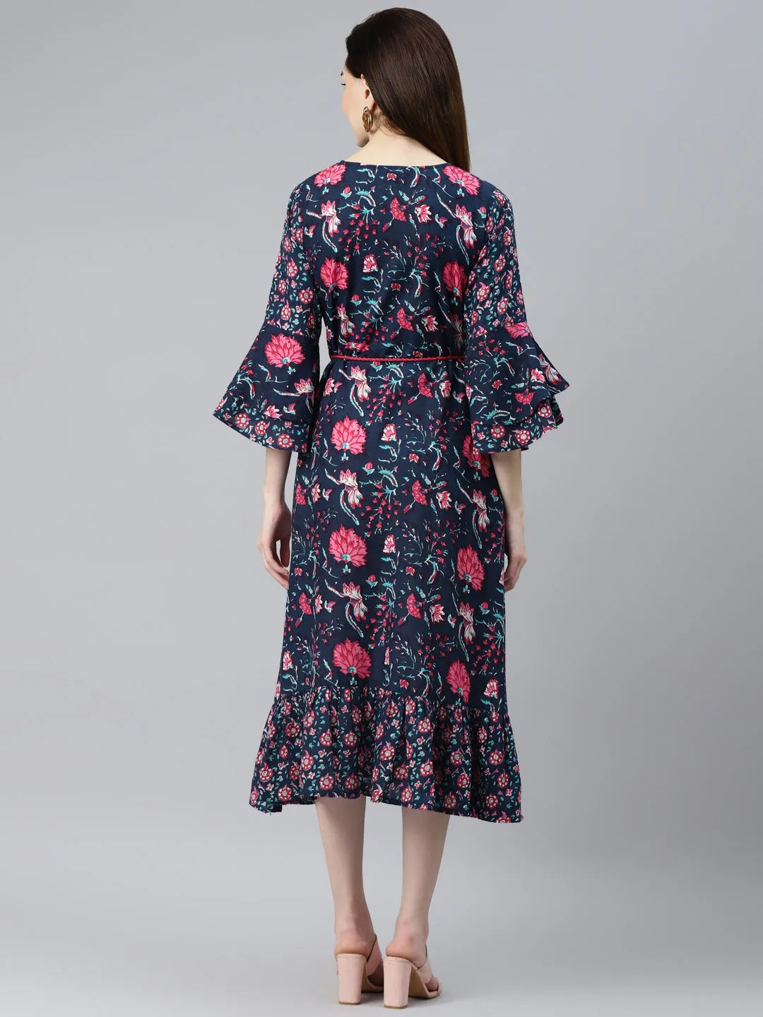 Indibelle Cotton Floral Print A-Line Dress (Navy Blue)