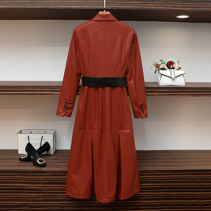 Inspired Red Mid-Length Trendy Slim Look PU Dress Women Outerwear