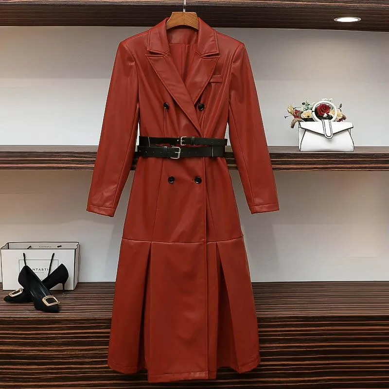 Inspired Red Mid-Length Trendy Slim Look PU Dress Women Outerwear