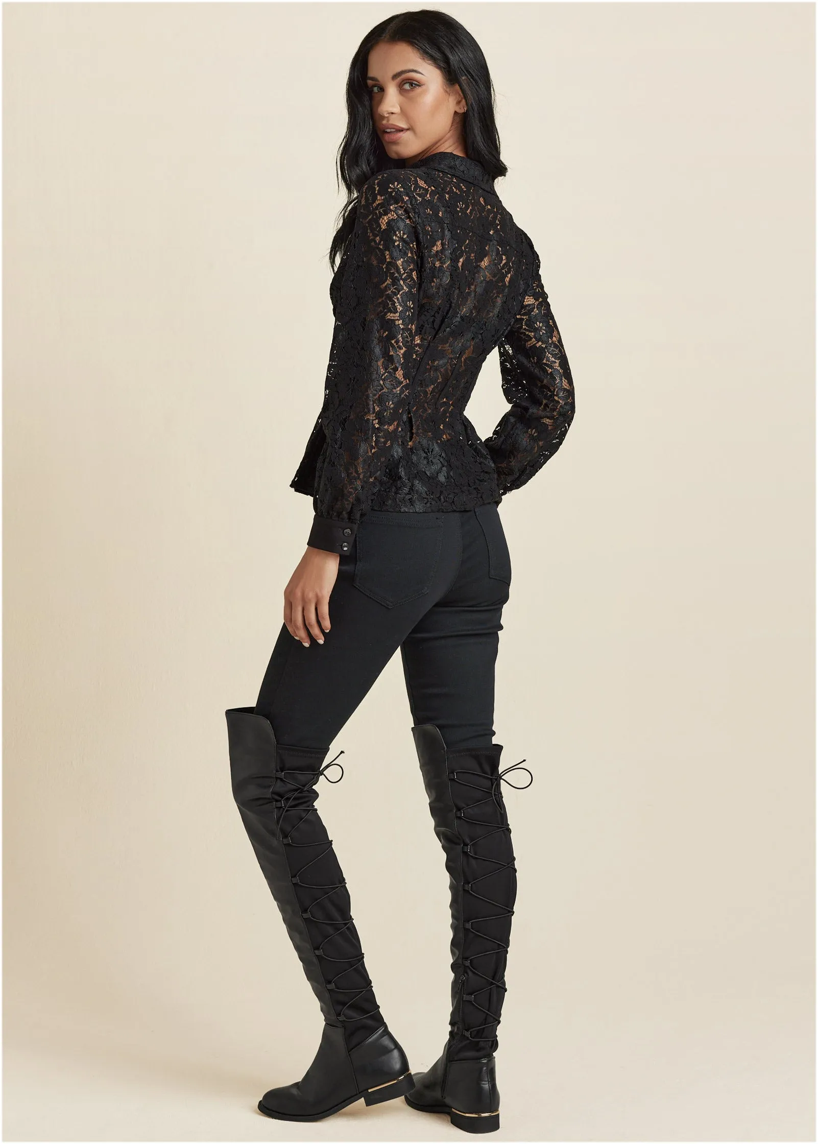 Lacquered Lace Top - Black