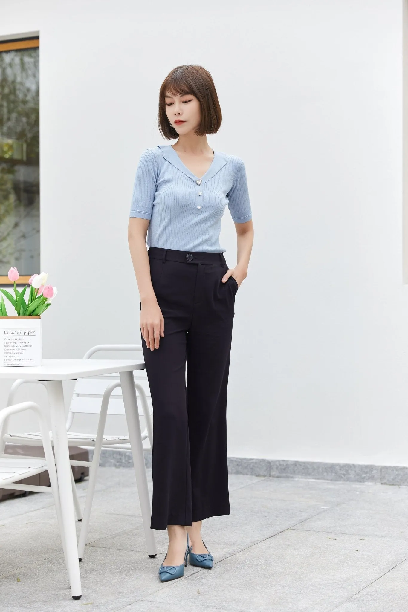 Navy Blue Wide Leg High Waist Pants