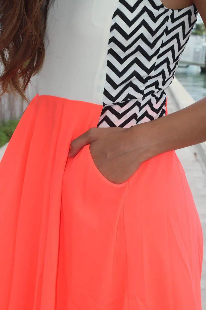 Neon Coral Chevron Dress With Pockets