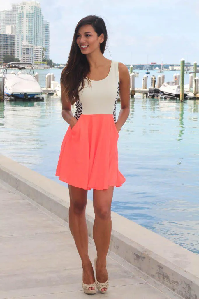 Neon Coral Chevron Dress With Pockets