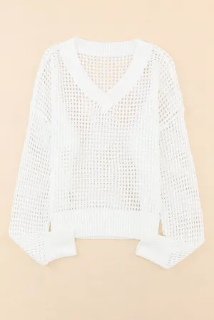 Openwork V-Neck Dropped Shoulder Knit Top