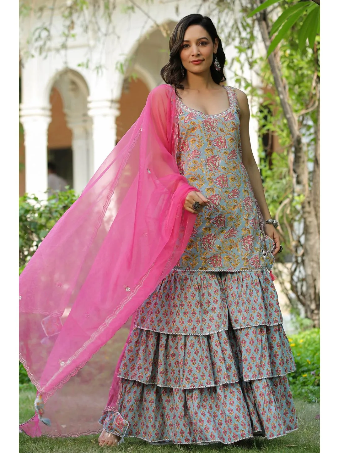 Pink & Bluebird Cotton Printed Sharara Set