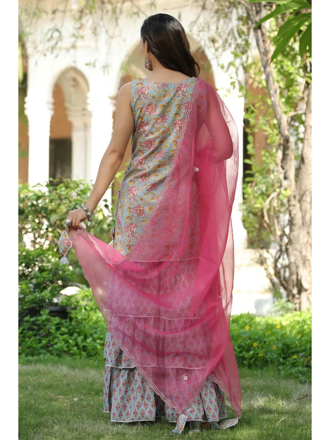 Pink & Bluebird Cotton Printed Sharara Set