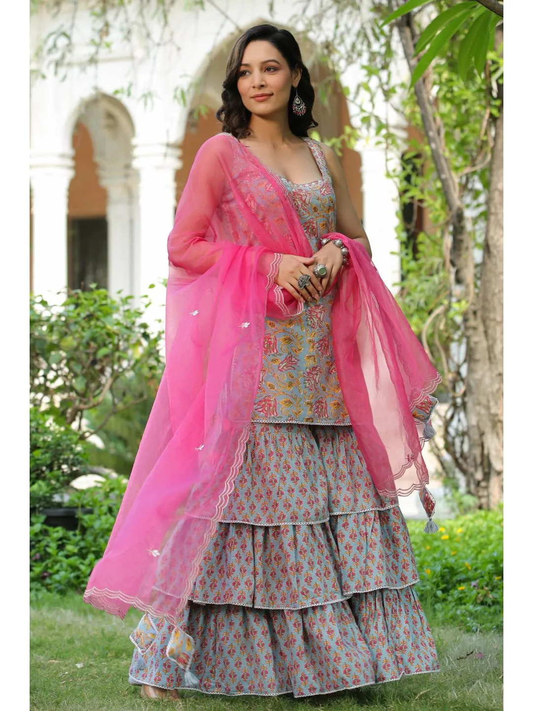 Pink & Bluebird Cotton Printed Sharara Set