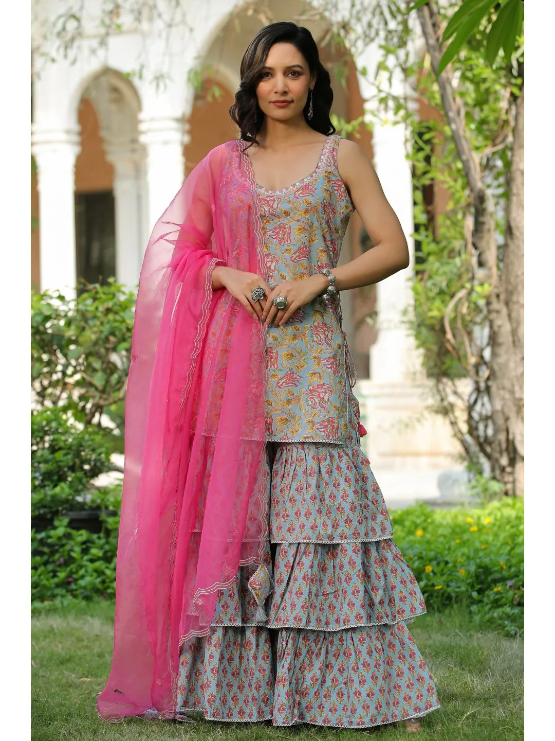 Pink & Bluebird Cotton Printed Sharara Set