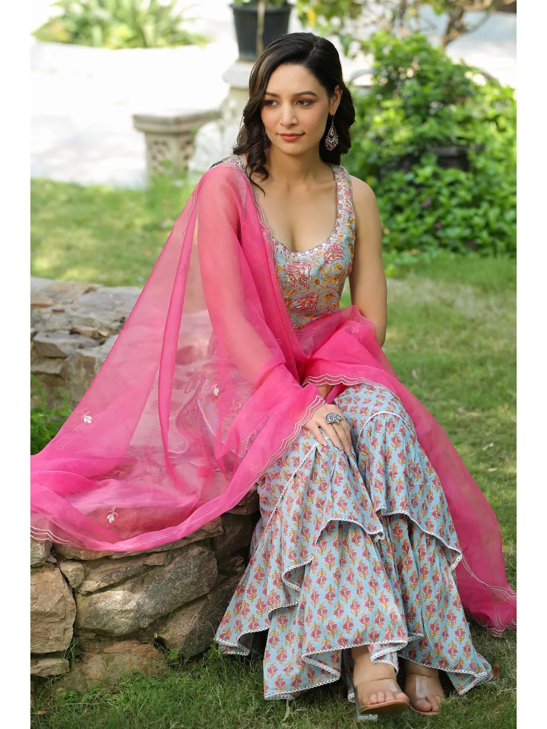 Pink & Bluebird Cotton Printed Sharara Set