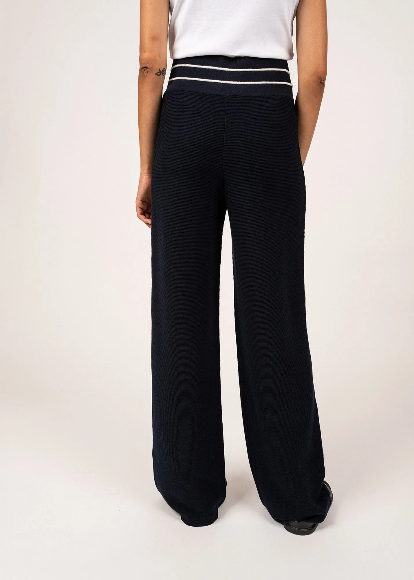 PONTON - Wide Knit Pants by Isabelle Ballu | 100% Cotton (NAVY / IVORY)