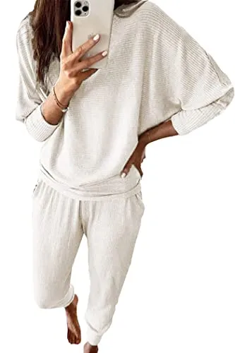 PRETTYGARDEN Women's 2023 Fall Fashion Outfits 2 Piece Sweatsuit Solid Color Long Sleeve Pullover Long Pants (Khaki,XX-Large)