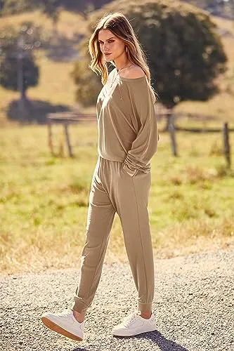 PRETTYGARDEN Women's 2023 Fall Fashion Outfits 2 Piece Sweatsuit Solid Color Long Sleeve Pullover Long Pants (Khaki,XX-Large)