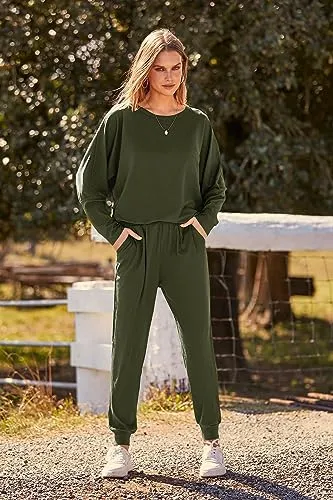 PRETTYGARDEN Women's 2023 Fall Fashion Outfits 2 Piece Sweatsuit Solid Color Long Sleeve Pullover Long Pants (Khaki,XX-Large)