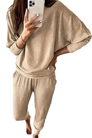 PRETTYGARDEN Women's 2023 Fall Fashion Outfits 2 Piece Sweatsuit Solid Color Long Sleeve Pullover Long Pants (Khaki,XX-Large)