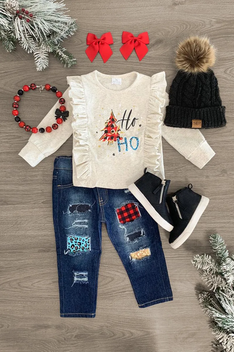 "Ho Ho Ho" Denim Pant Set & Baby Romper