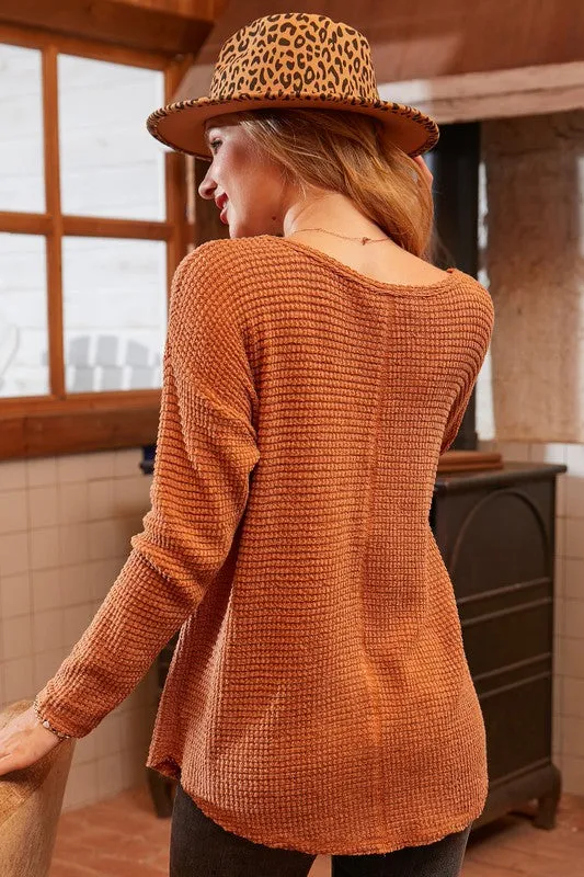 Rust V-Neck Waffle Top