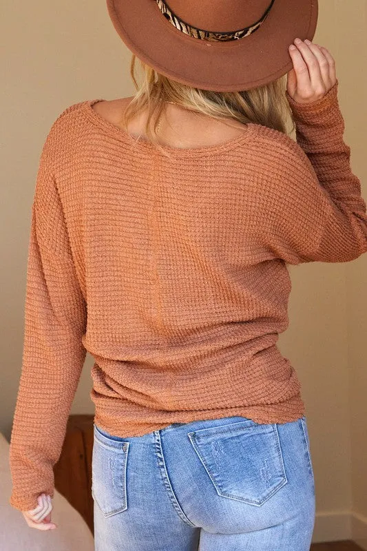 Rust V-Neck Waffle Top